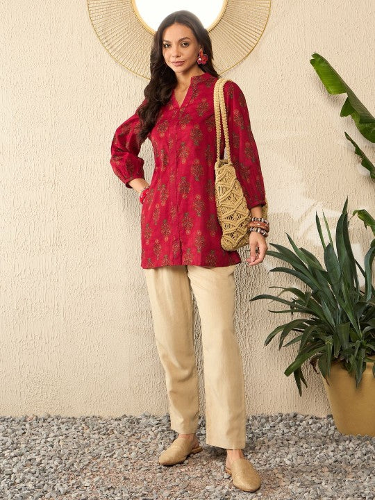 Floral Printed Mandarin Collar Top