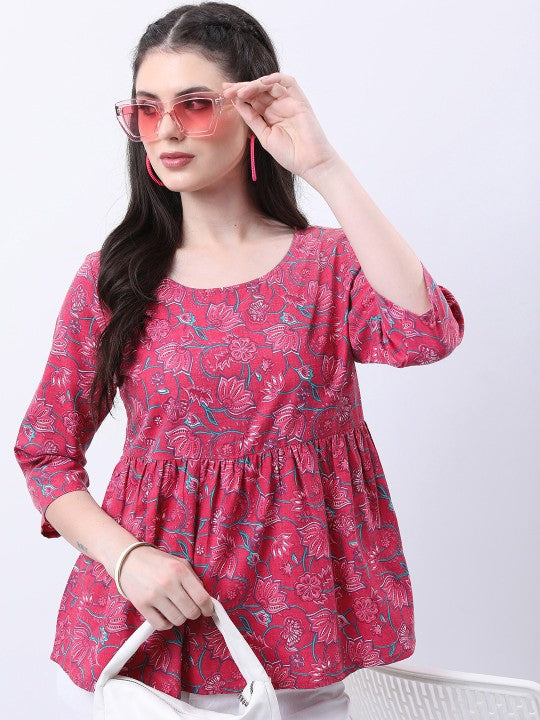 Pink & Green Floral Print A-Line Top