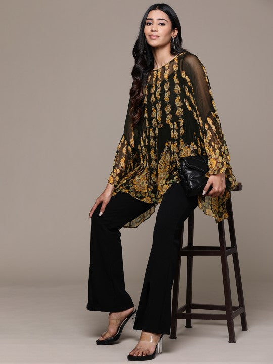 Floral Print Flared Sleeves Chiffon Longline Top
