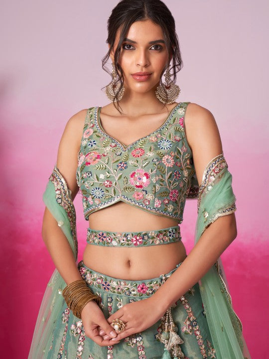 Embroidered Sequinned Semi-Stitched Lehenga & Unstitched Blouse With Dupatta
