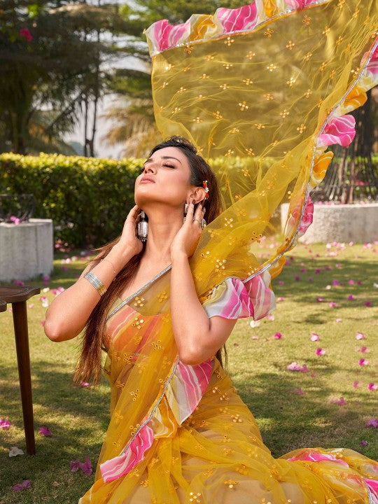 Yellow Embellished Mirror Work Net Ruffle Saree
