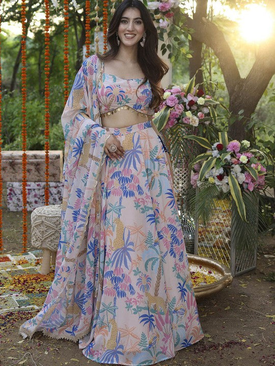 Floral Printed Semi-Stitched Lehenga & Unstitched Blouse With Dupatta