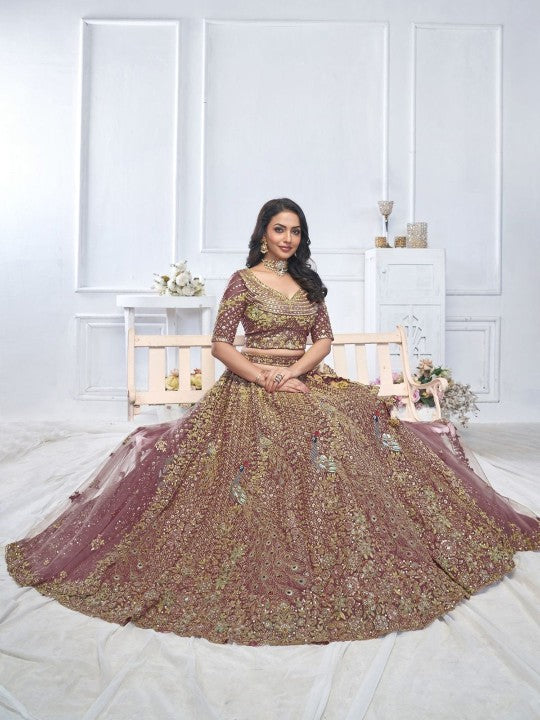 Embroidered Net Sequinned Semi-Stitched Lehenga & Unstitched Blouse With Dupatta