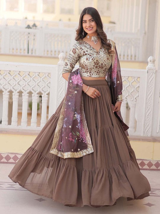 Embroidered Sequinned Semi-Stitched Lehenga & Unstitched Blouse With Dupatta
