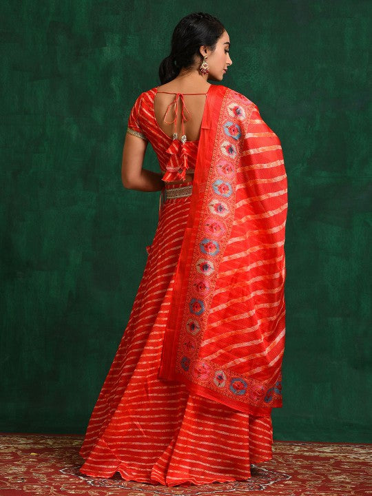 Red Leheriya Printed Gotta Patti Ready to Wear Lehenga With Blouse & Dupatta