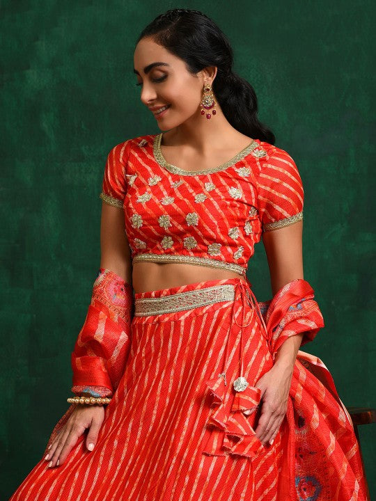 Red Leheriya Printed Gotta Patti Ready to Wear Lehenga With Blouse & Dupatta