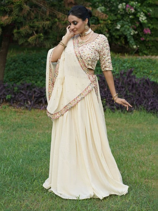 Embroidered Sequinned Semi-Stitched Lehenga & Unstitched Blouse With Dupatta