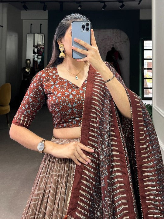 Geomteric Printed Silk Ready to Wear Lehenga & Semi-Stitched Blouse & Dupatta