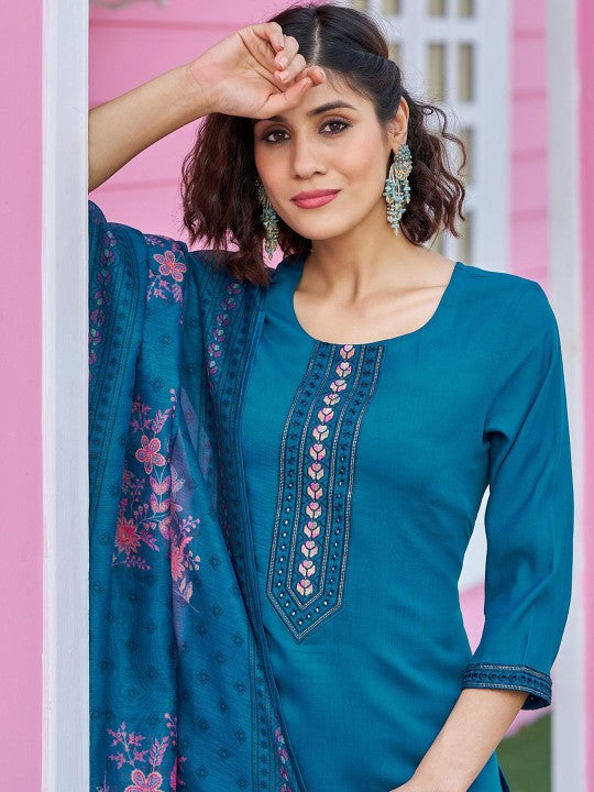 Blue Floral Embroidered Pure Silk Straight Kurta With Trousers & Dupatta