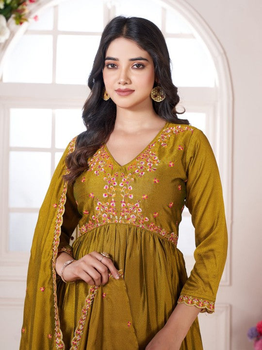 Floral Embroidered V-Neck Pleated Anarkali Kurta With Trousers & Dupatta