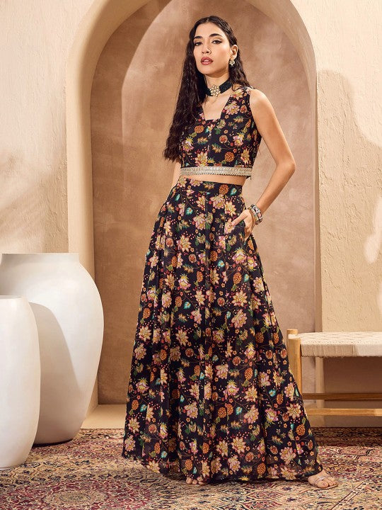 Floral Printed Sequinned V-Neck Ready to Wear Lehenga Choli