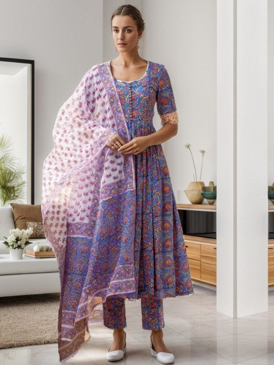 Floral Printed Anarkali Kurta With Trouser And Dupatta