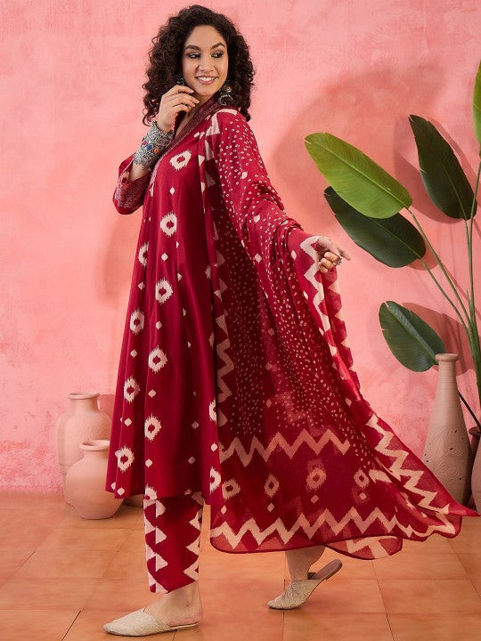 Geometric Printed V-Neck Pleated Pure Cotton A-Line Kurta With Trouser And Dupatta