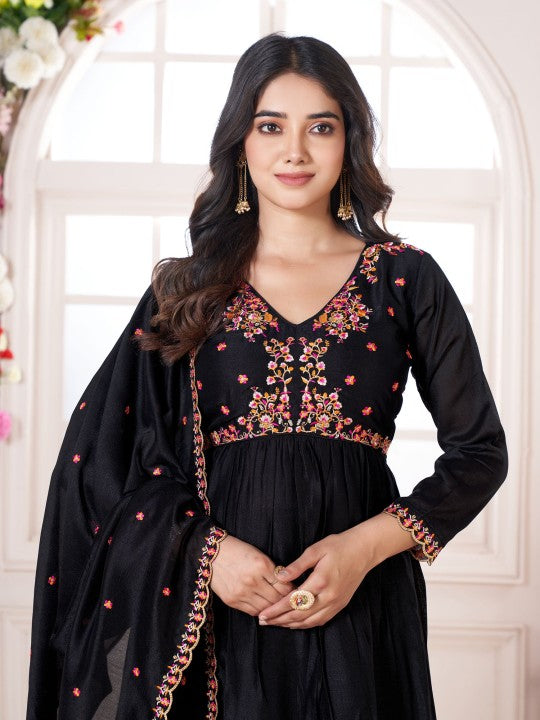 Floral Embroidered V-Neck Anarkali Kurta With Palazzos And Dupatta