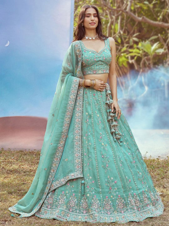 Embellished Tissue Semi-Stitched Lehenga & Unstitched Blouse With Dupatta