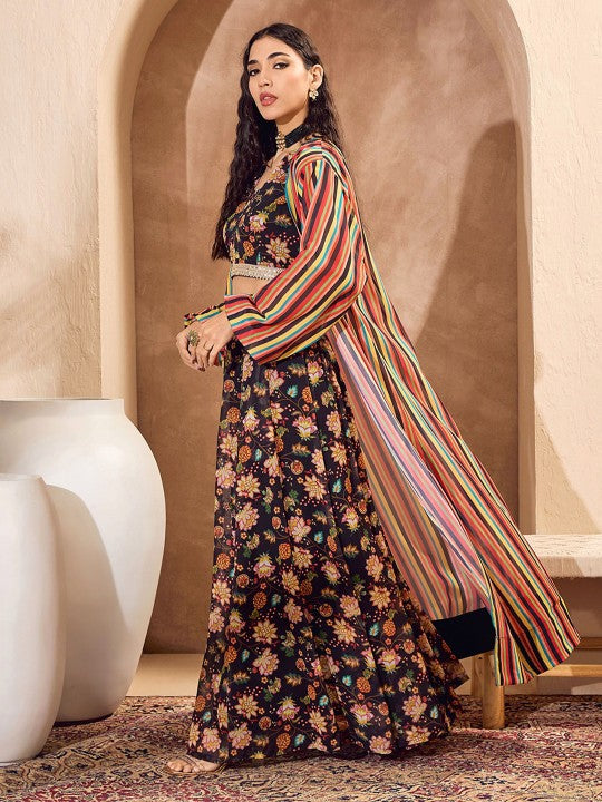 Floral Printed Sequinned V-Neck Ready to Wear Lehenga Choli