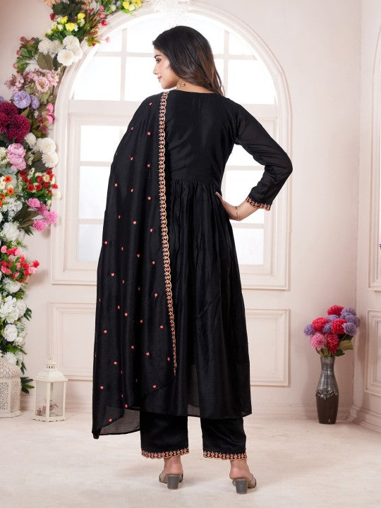 Floral Embroidered V-Neck Anarkali Kurta With Palazzos And Dupatta