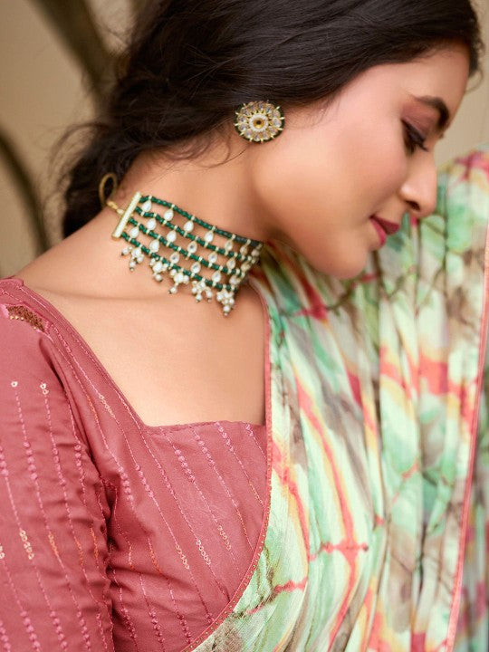 Beads and Stones Poly Chiffon Bagru Sarees