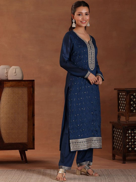 Floral Embroidered Sequinned Straight Kurta With Palazzos & Dupatta