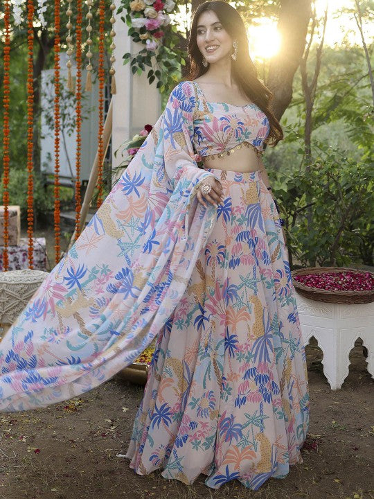 Floral Printed Semi-Stitched Lehenga & Unstitched Blouse With Dupatta