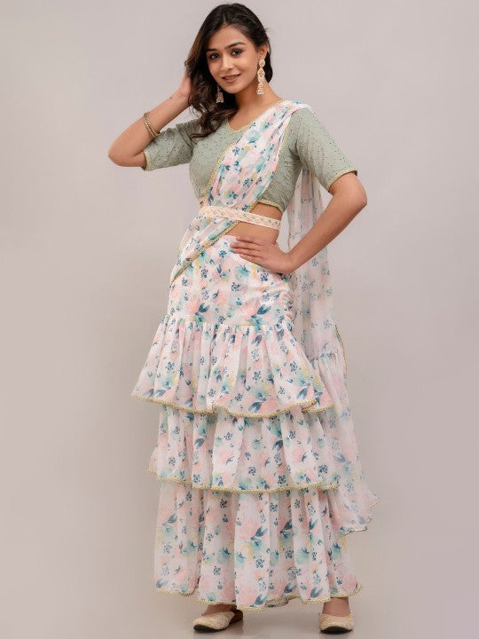 Floral Chikankari Pure Georgette Ready to Wear Block Print Saree