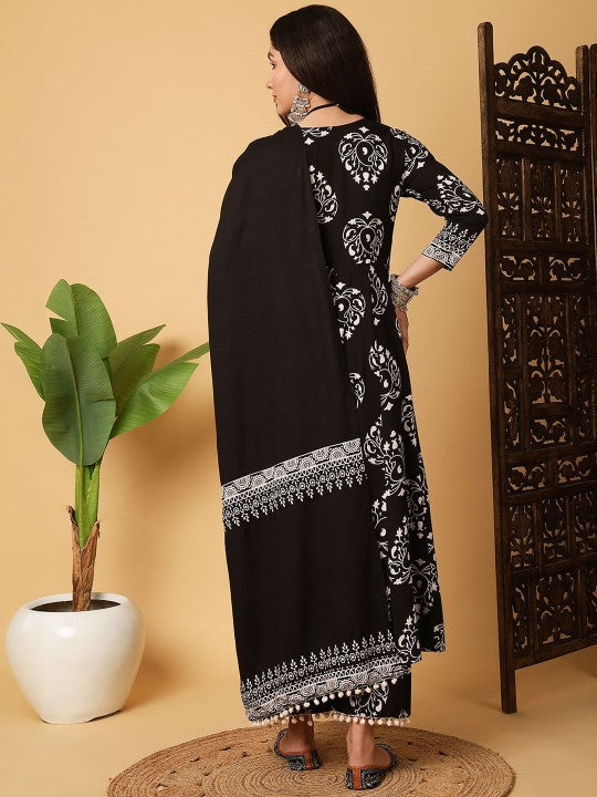 Floral Printed Anarkali Kurta With Palazzos And Dupatta