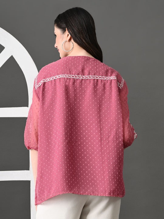Embroidered Keyhole Neck Accordion Pleated Sleeves Georgette Top