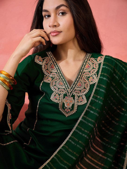 Floral Yoke Design V-Neck Sequinned Straight Kurta With Trouser And Dupatta