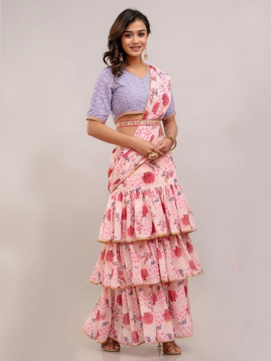 Floral Schiffli Pure Georgette Ready to Wear Block Print Saree