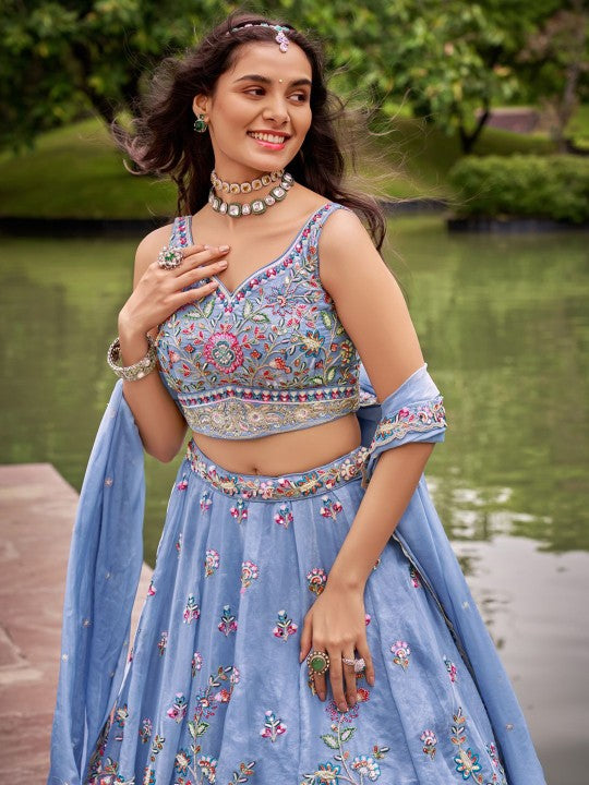 Embroidered Sequinned Semi-Stitched Lehenga & Unstitched Blouse With Dupatta
