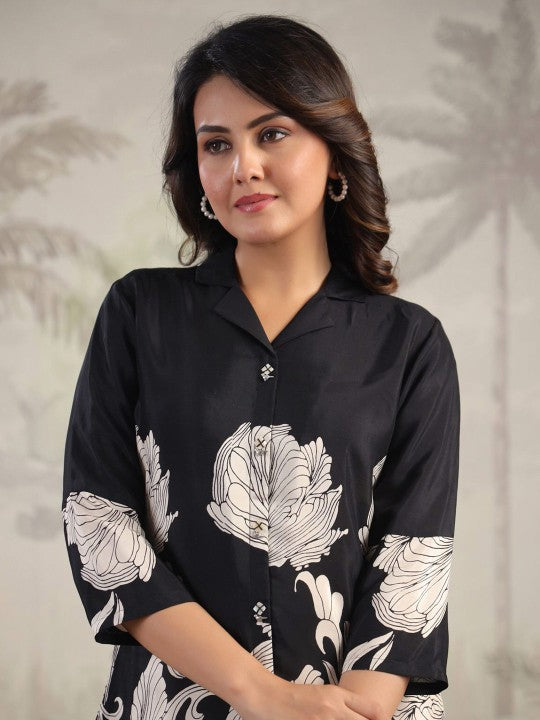 Women's Black Printed Russian Silk Top