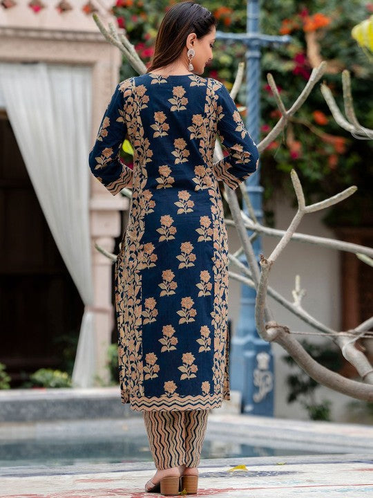 Floral Printed Straight Kurta with Trousers & Dupatta