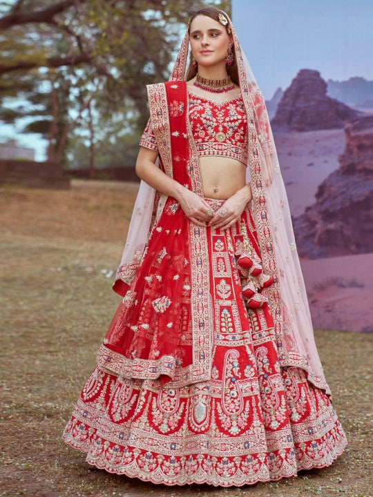 Floral Embroidered Beads and Stones Silk Semi-Stitched Lehenga Choli
