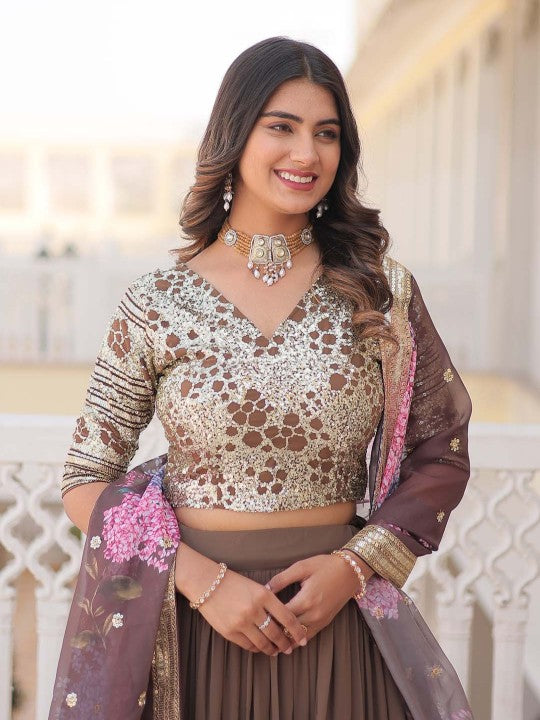 Embroidered Sequinned Semi-Stitched Lehenga & Unstitched Blouse With Dupatta