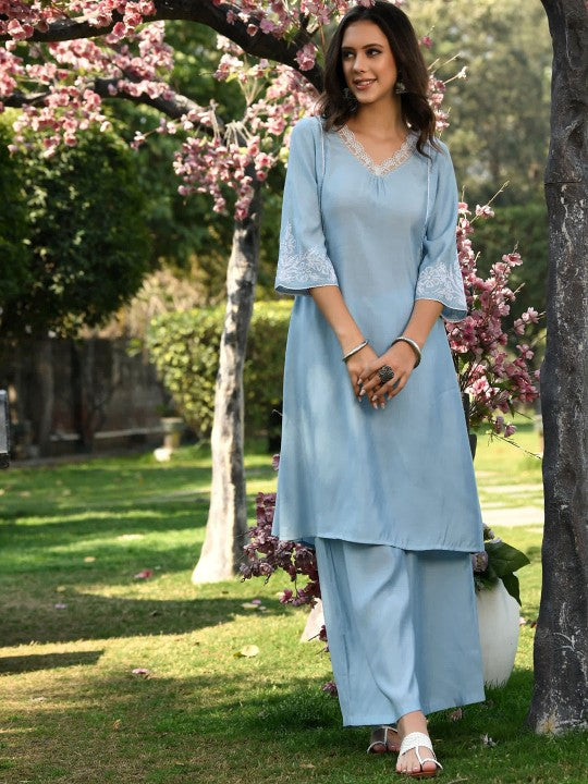 Women Light Blue Modal Chanderi kurta and palazzo set