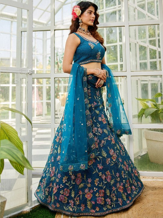 Floral Embroidered Sequinned Semi-Stitched Lehenga & Unstitched Blouse Set