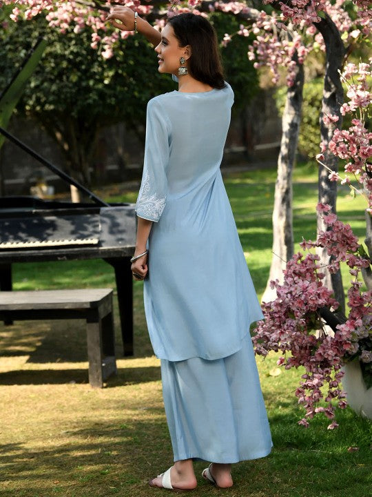 Women Light Blue Modal Chanderi kurta and palazzo set