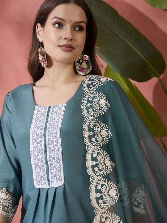 Teal Floral Yoke Design Patchwork Straight Kurta With Trousers And Dupatta