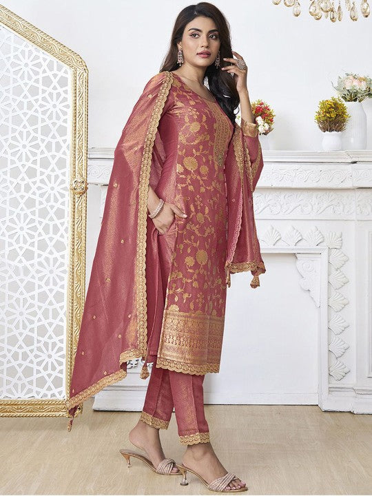 Ethnic Motifs Woven Design Sequinned Jacquard Straight Kurta With Trouser & Dupatta