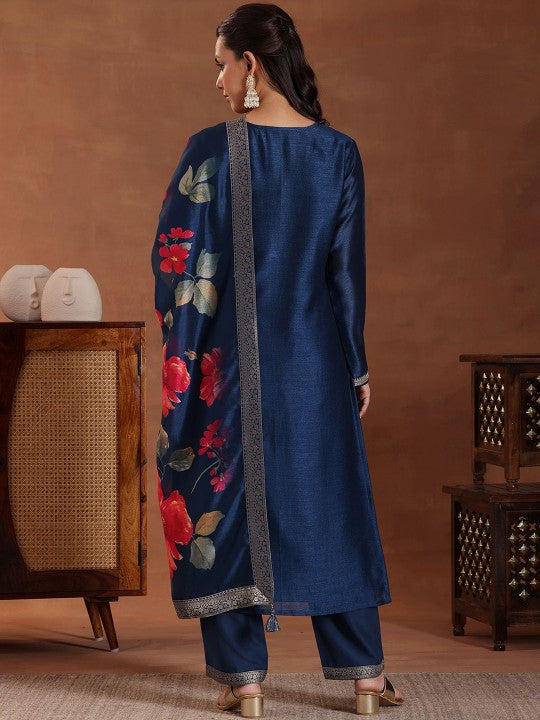 Floral Embroidered Sequinned Straight Kurta With Palazzos & Dupatta