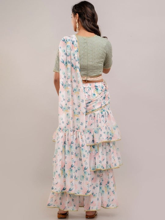 Floral Chikankari Pure Georgette Ready to Wear Block Print Saree