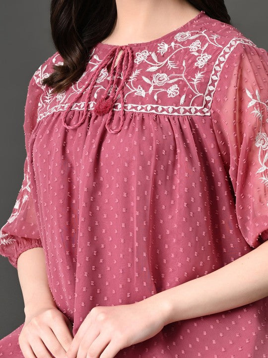 Embroidered Keyhole Neck Accordion Pleated Sleeves Georgette Top