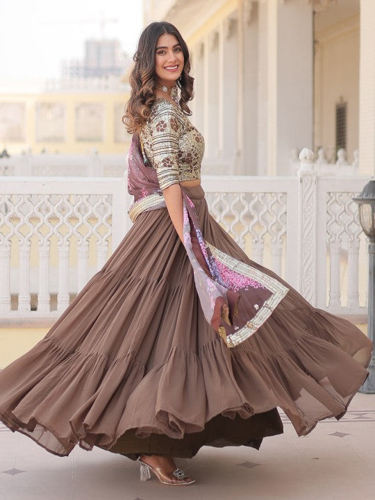 Embroidered Sequinned Semi-Stitched Lehenga & Unstitched Blouse With Dupatta