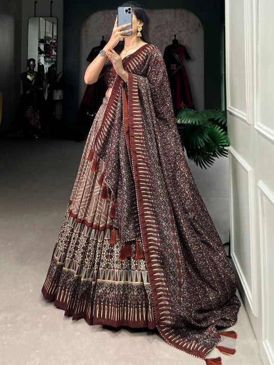 Geomteric Printed Silk Ready to Wear Lehenga & Semi-Stitched Blouse & Dupatta