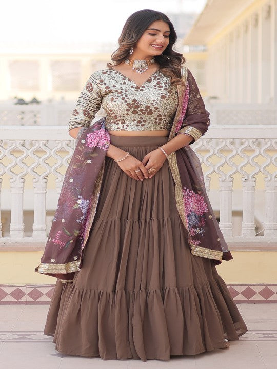 Embroidered Sequinned Semi-Stitched Lehenga & Unstitched Blouse With Dupatta
