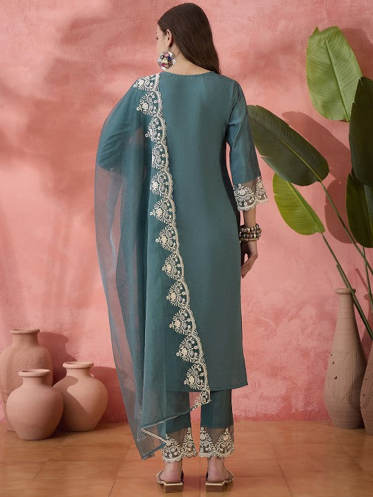 Teal Floral Yoke Design Patchwork Straight Kurta With Trousers And Dupatta