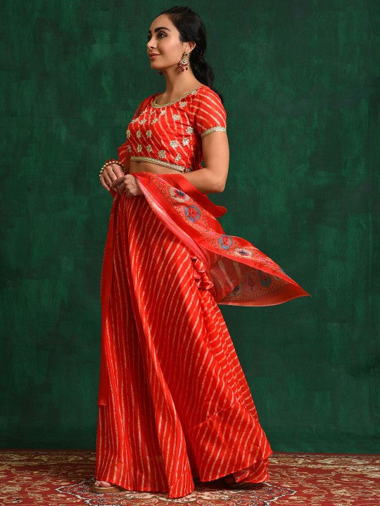 Red Leheriya Printed Gotta Patti Ready to Wear Lehenga With Blouse & Dupatta
