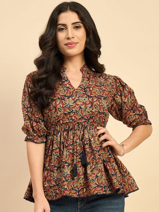 Women Ethnic Printed Mandarin Collar Cotton Top