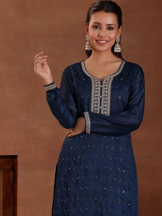 Floral Embroidered Sequinned Straight Kurta With Palazzos & Dupatta