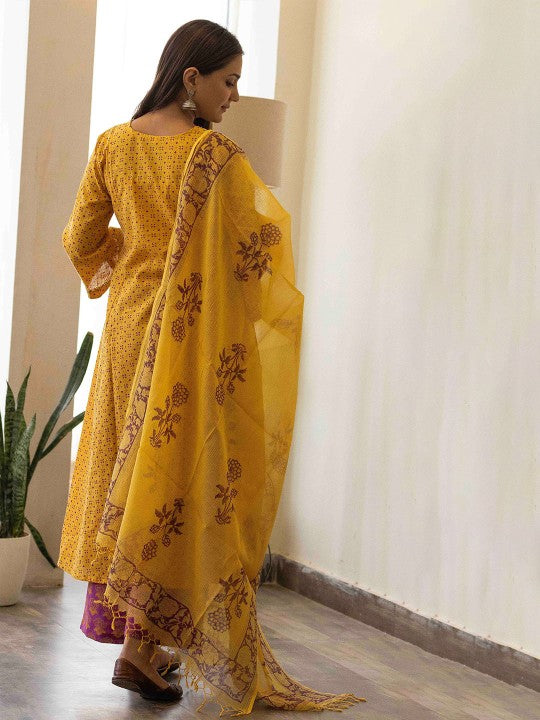 Floral block Printed Sequin Pure Cotton A-Line Kurta with Palazzos & Dupatta